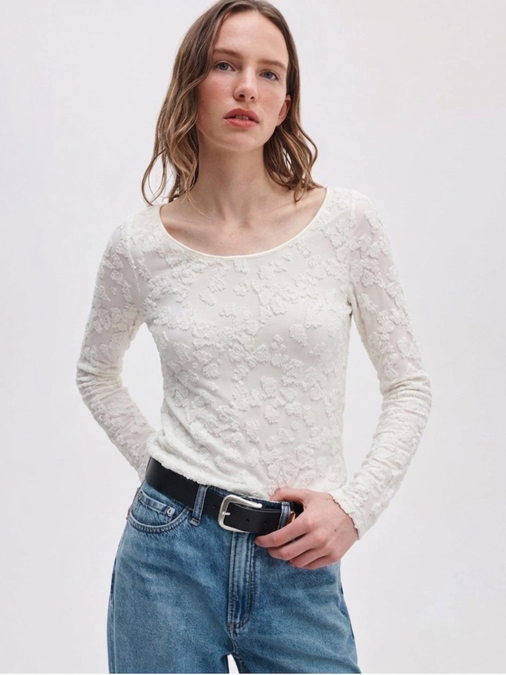 RAG & BONE Women's White Angel Floral Jacquard Boat Neck Long Sleeve Top, Medium